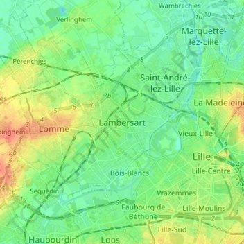 Mapa topográfico Lambersart, altitud, relieve