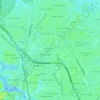 Mapa topográfico Oakwood, altitud, relieve