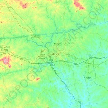 Mapa topográfico Hickory, altitud, relieve
