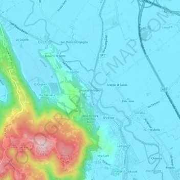 Mapa topográfico Bugano di Sopra, altitud, relieve