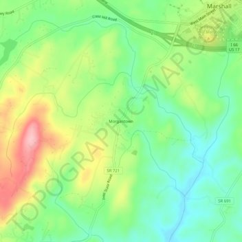Mapa topográfico Morgantown, altitud, relieve