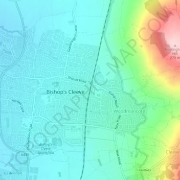 Mapa topográfico Bishops Cleeve, altitud, relieve