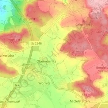 Mapa topográfico Riedenberg, altitud, relieve