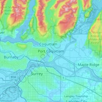 Mapa topográfico Port Coquitlam, altitud, relieve