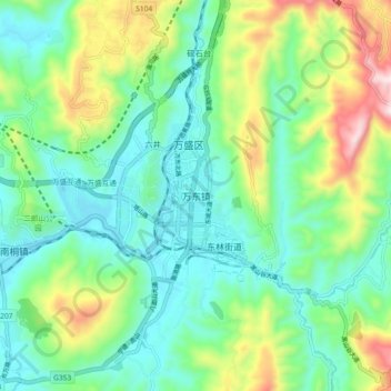 Mapa topográfico Wandong, altitud, relieve