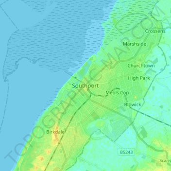 Mapa topográfico Southport, altitud, relieve