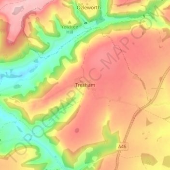 Mapa topográfico Tresham, altitud, relieve