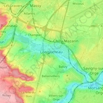 Mapa topográfico Longjumeau, altitud, relieve