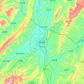 Mapa topográfico Xiushan, altitud, relieve