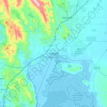 Mapa topográfico Fairfield, altitud, relieve