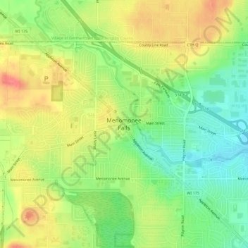 Mapa topográfico Menomonee Falls, altitud, relieve