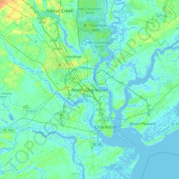 Mapa topográfico North Charleston, altitud, relieve