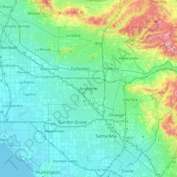 Mapa topográfico Anaheim, altitud, relieve