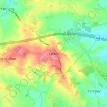 Mapa topográfico Corley, altitud, relieve
