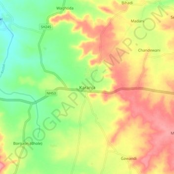 Mapa topográfico Karanja, altitud, relieve