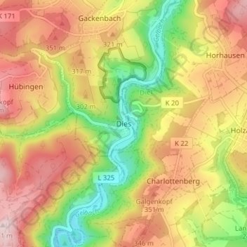 Mapa topográfico Dies, altitud, relieve