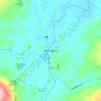 Mapa topográfico Drumquin, altitud, relieve