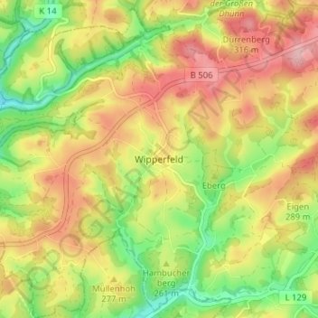 Mapa topográfico Wipperfeld, altitud, relieve