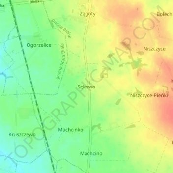 Mapa topográfico Sękowo, altitud, relieve