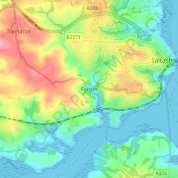 Mapa topográfico Forder, altitud, relieve