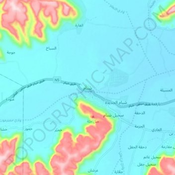 Mapa topográfico شبام, altitud, relieve