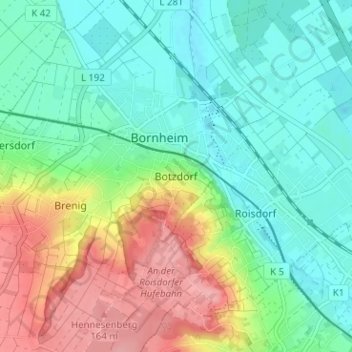 Mapa topográfico Botzdorf, altitud, relieve