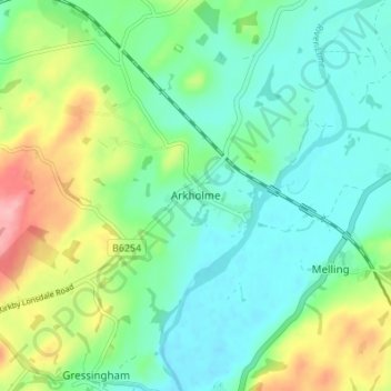 Mapa topográfico Arkholme, altitud, relieve