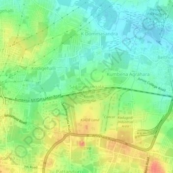 Mapa topográfico Sadaramangala, altitud, relieve
