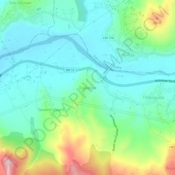 Mapa topográfico Zaouia, altitud, relieve