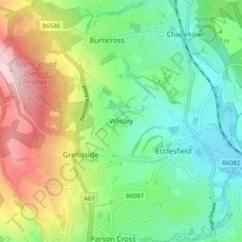 Mapa topográfico Whitley, altitud, relieve