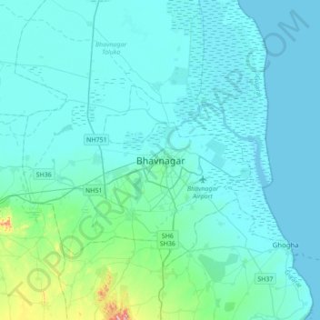 Mapa topográfico Bhavnagar, altitud, relieve