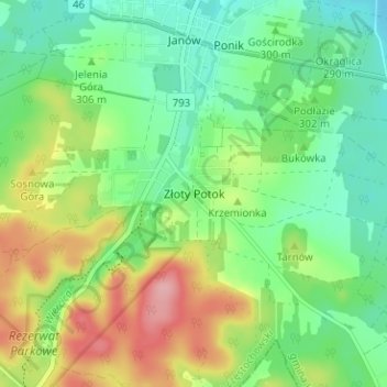 Mapa topográfico Złoty Potok, altitud, relieve