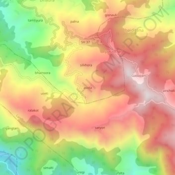 Mapa topográfico asota, altitud, relieve