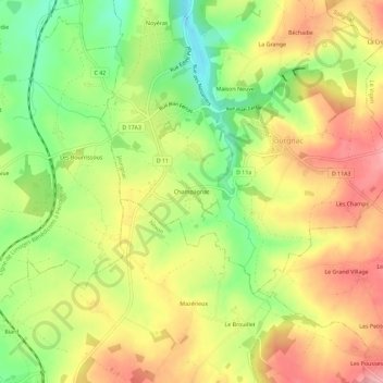 Mapa topográfico Champagnac, altitud, relieve