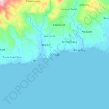 Mapa topográfico Dimiao, altitud, relieve