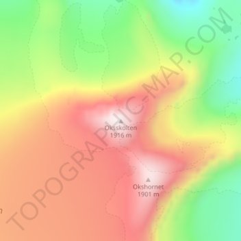 Mapa topográfico Oksskolten, altitud, relieve