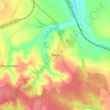 Mapa topográfico Yakhny, altitud, relieve