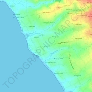 Mapa topográfico Kerscao, altitud, relieve
