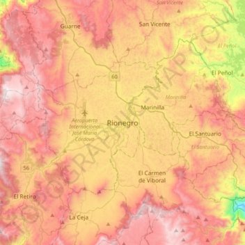 Mapa topográfico Rionegro, altitud, relieve
