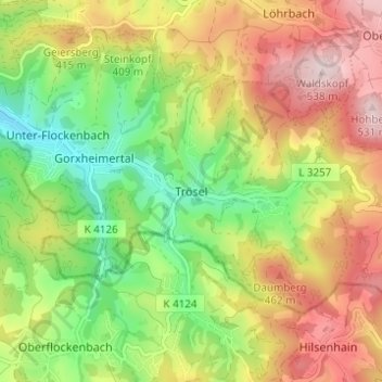 Mapa topográfico Trösel, altitud, relieve