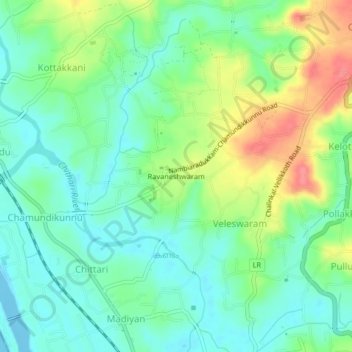 Mapa topográfico Ravaneshwaram, altitud, relieve