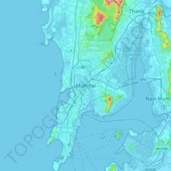 Mapa topográfico Bombay, altitud, relieve