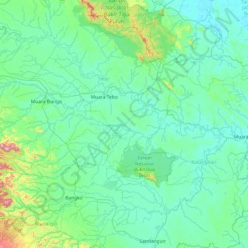Mapa topográfico Muara Tabir, altitud, relieve
