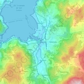 Mapa topográfico Redondela, altitud, relieve
