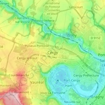 Mapa topográfico Cergy, altitud, relieve
