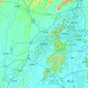 Mapa topográfico Guilin, altitud, relieve