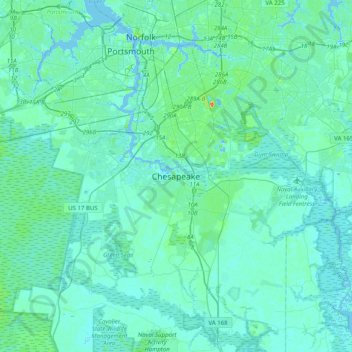 Mapa topográfico Chesapeake, altitud, relieve