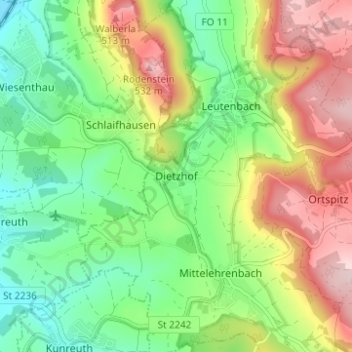 Mapa topográfico Dietzhof, altitud, relieve