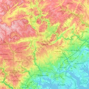 Mapa topográfico Towson, altitud, relieve