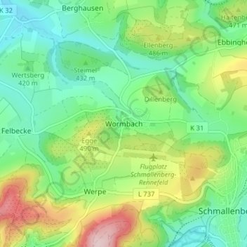 Mapa topográfico Wormbach, altitud, relieve